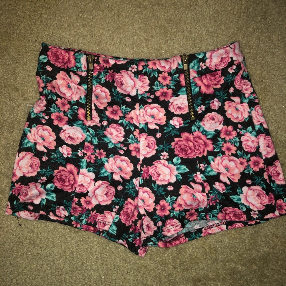 Black and pink floral high waisted shorts